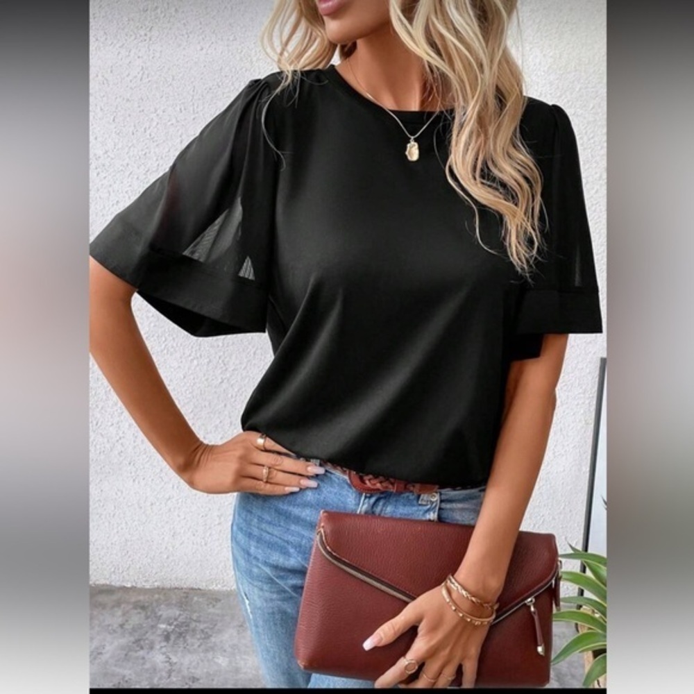 SHEIN || NWT Black Batwing Blouse Sheer Sleeves (S)